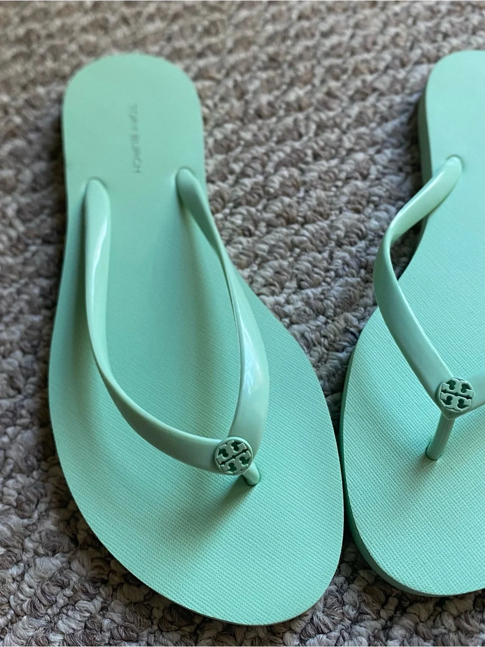 Tory Burch Mint Green Flip Flop Sandals with Logo Medallion